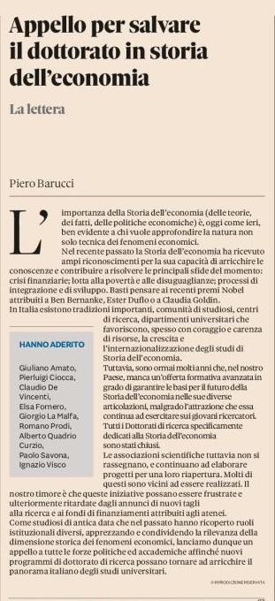 Barucci Appello per salvare il dottorato in storia delleconomia